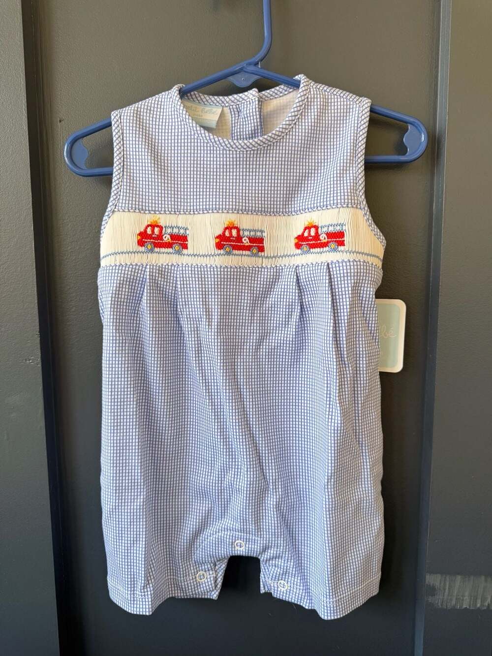Petit Bébé NWT Firetruck Smocked Gingham baby/toddler boys Romper 24M